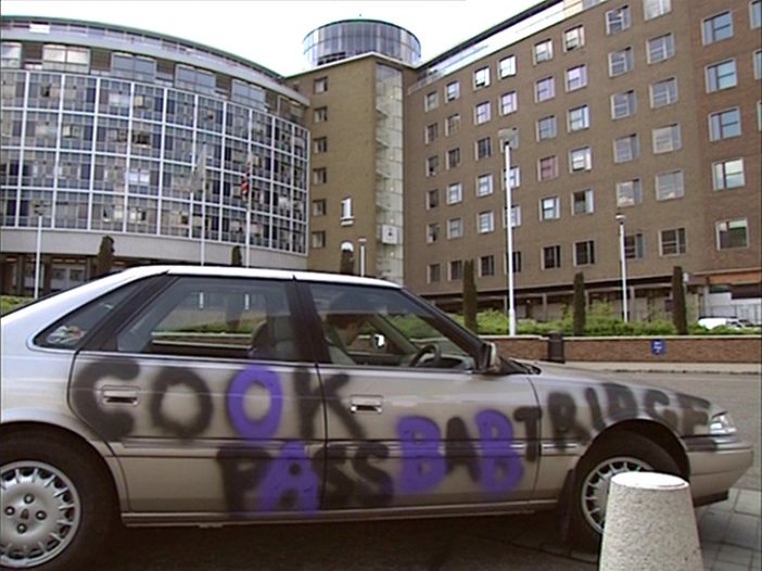 Alan Partridge's vandalised car from I'm Alan Partridge. The graffiti reads 'cook pass babtridge' as he's painted over some of the letters to obscure the original vulgar sentiment.