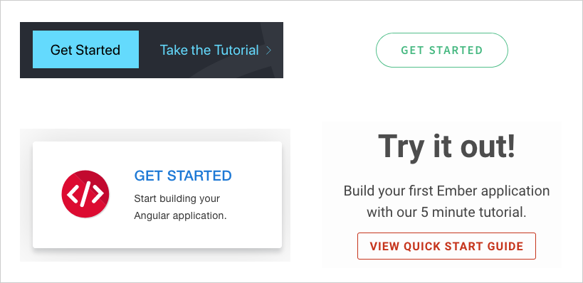 Get started calls to action from Angular, Vue, Ember and React home pages