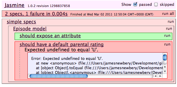 An example Jasmine spec runner output