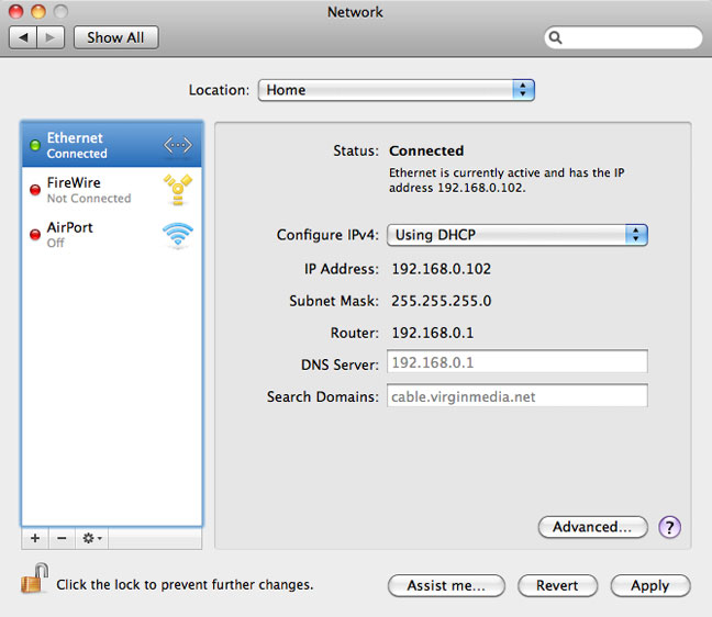 Mac OS X Network preference pane