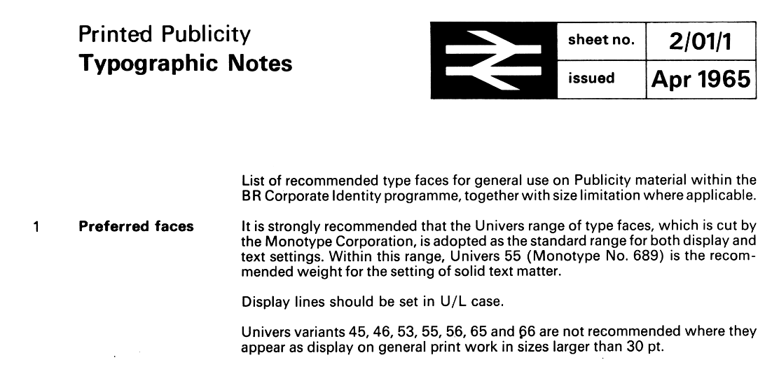An excerpt from the British Rail Corporate Identity manual, describing correct typographic usage